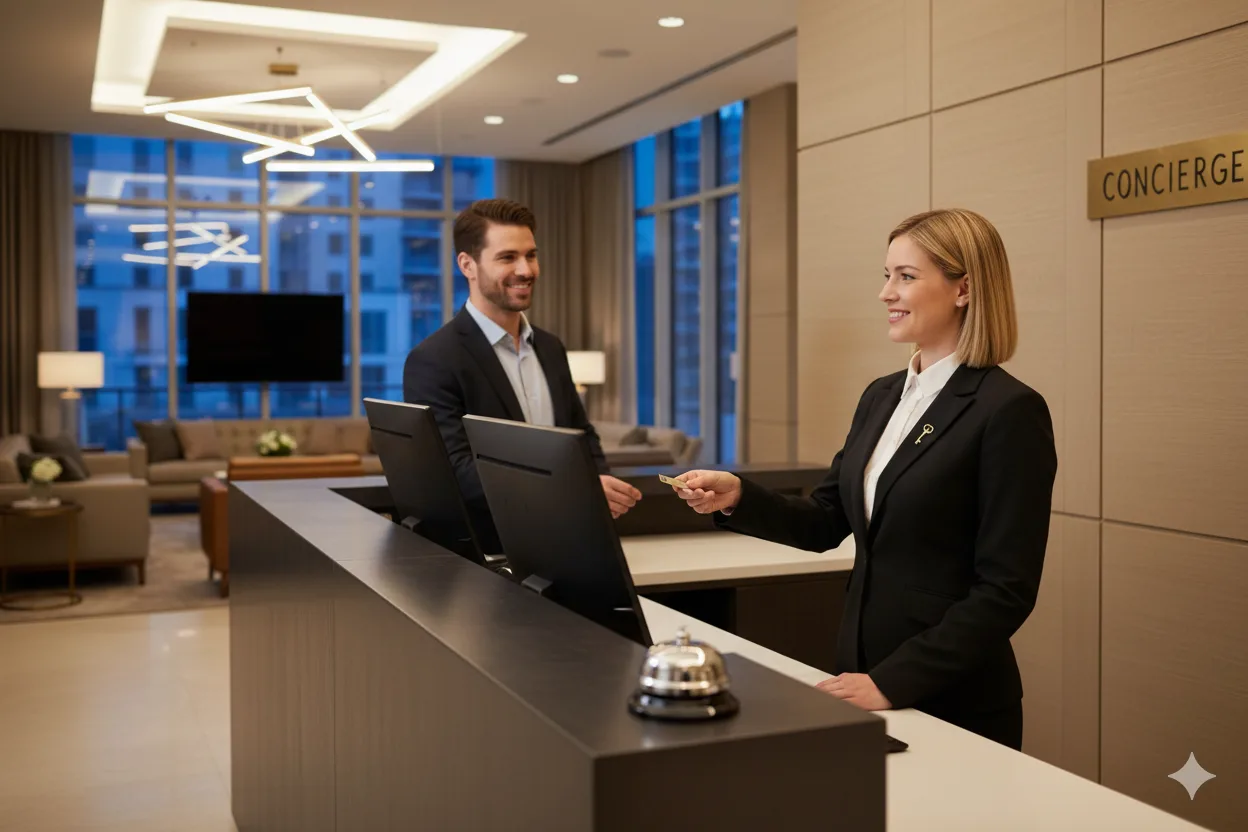 Concierge security professional in dark suit assisting guest at a luxury reception desk in London