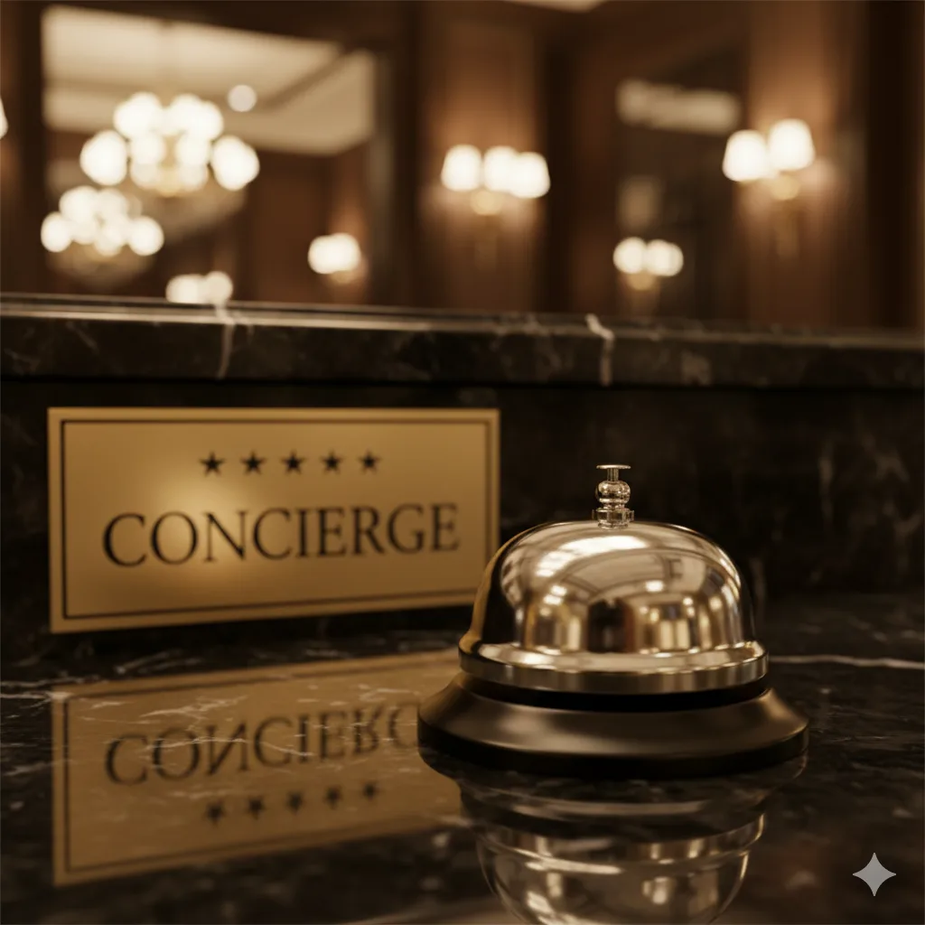 Luxury hotel concierge desk with service bell and brass five-star concierge sign on black marble countertop