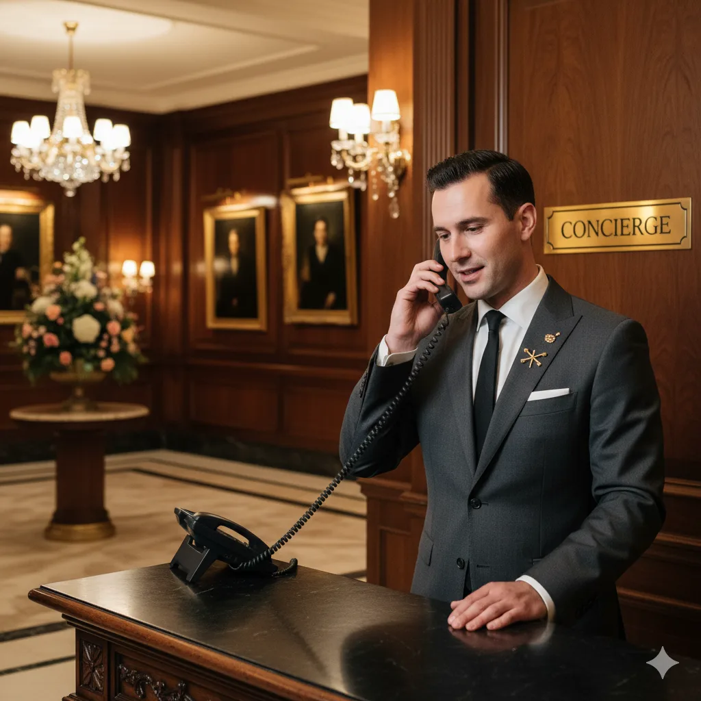 Concierge in grey suit answering phone at luxury hotel reception desk in London
