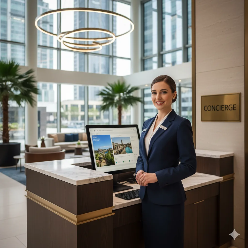 Concierge professional at marble reception desk in luxury London corporate lobby