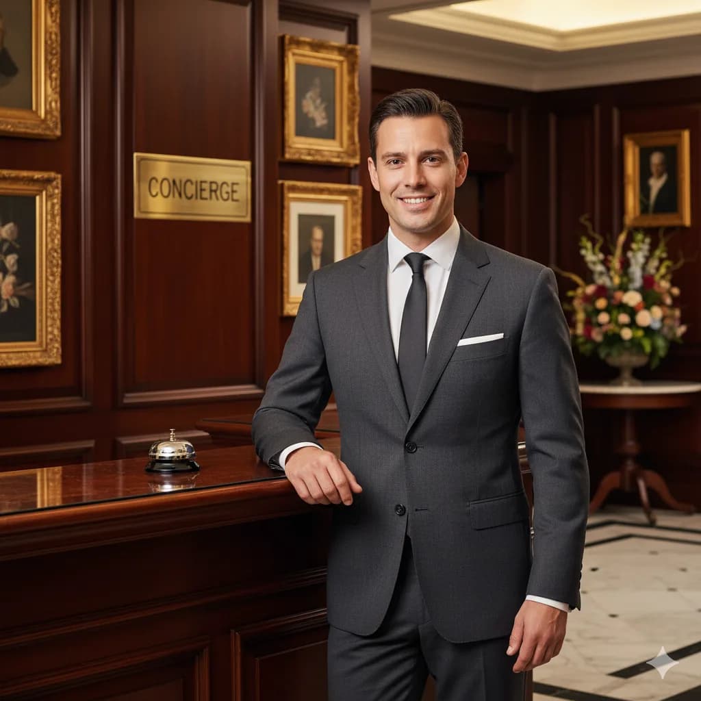 Smartly dressed concierge professional at luxury hotel reception desk in London
