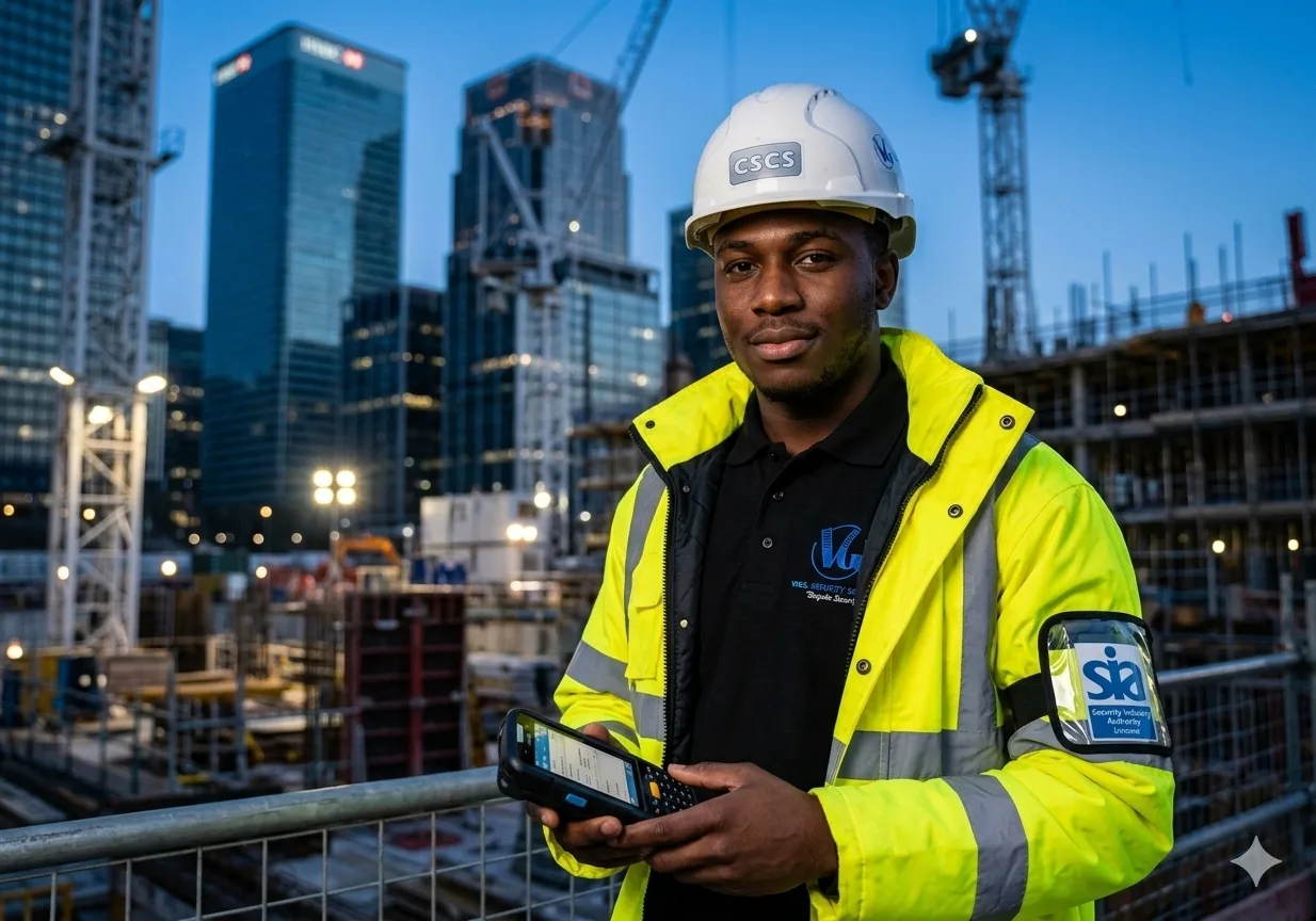 Vigil security officer in hi-vis jacket with SIA licence and CSCS hard hat using handheld device at London construction site