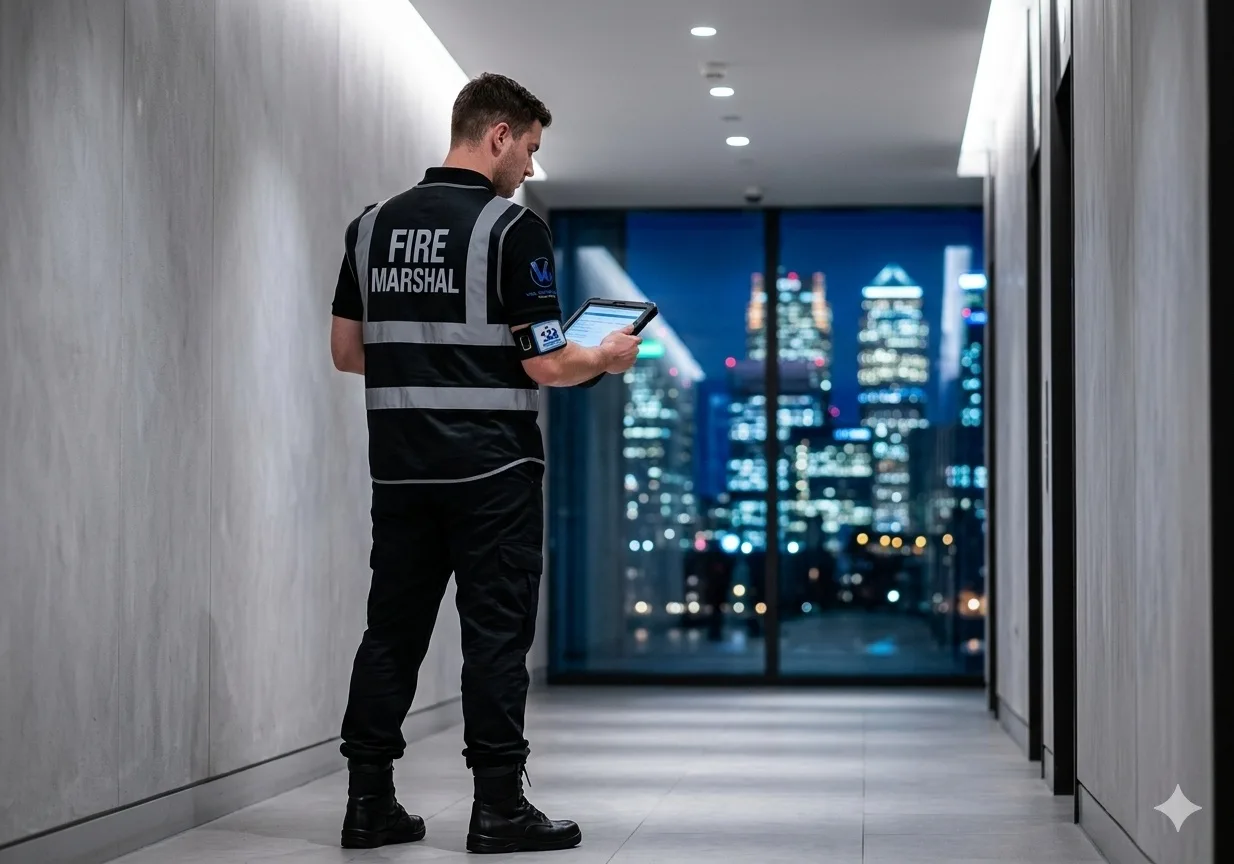 Fire marshal in hi-vis vest reviewing safety checklist on tablet in corporate building with London skyline at night