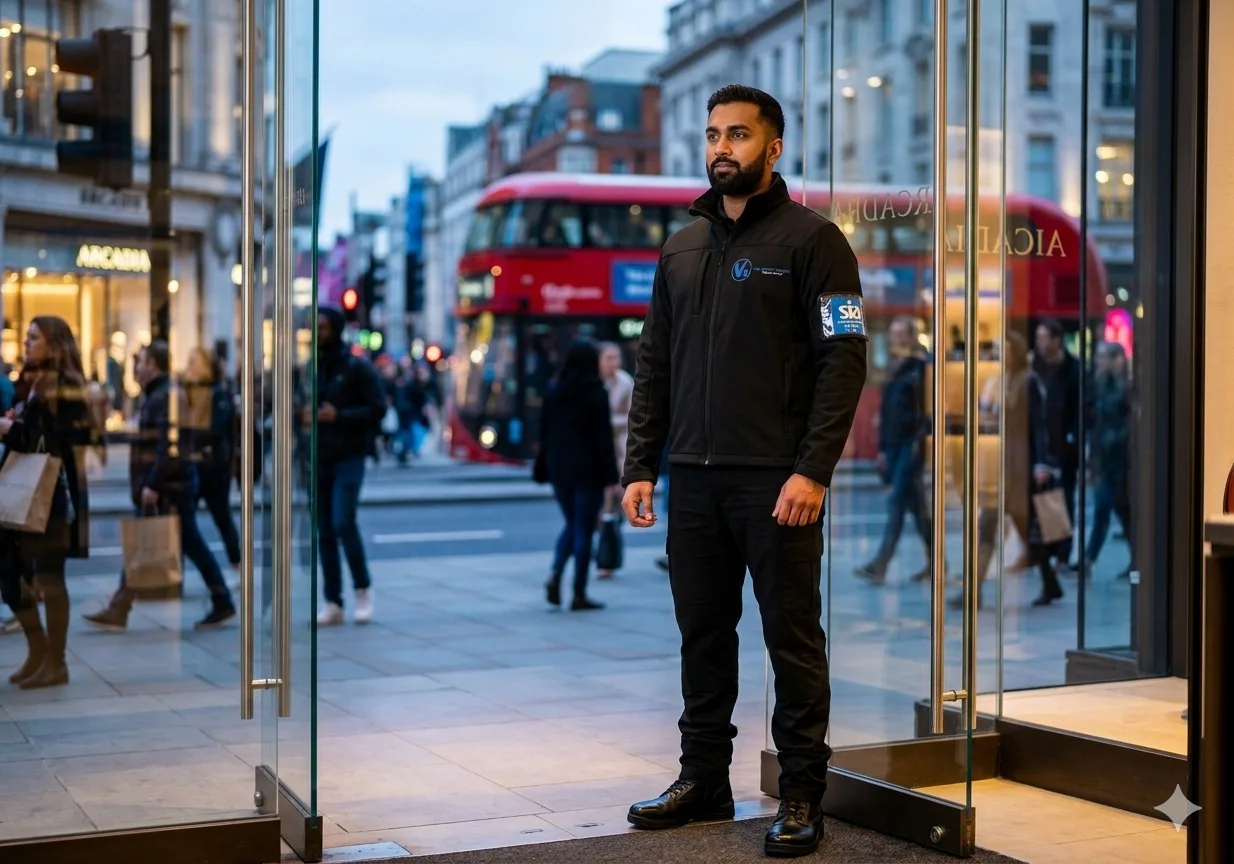 SIA-licensed security guard on duty at retail store entrance on Oxford Street, London