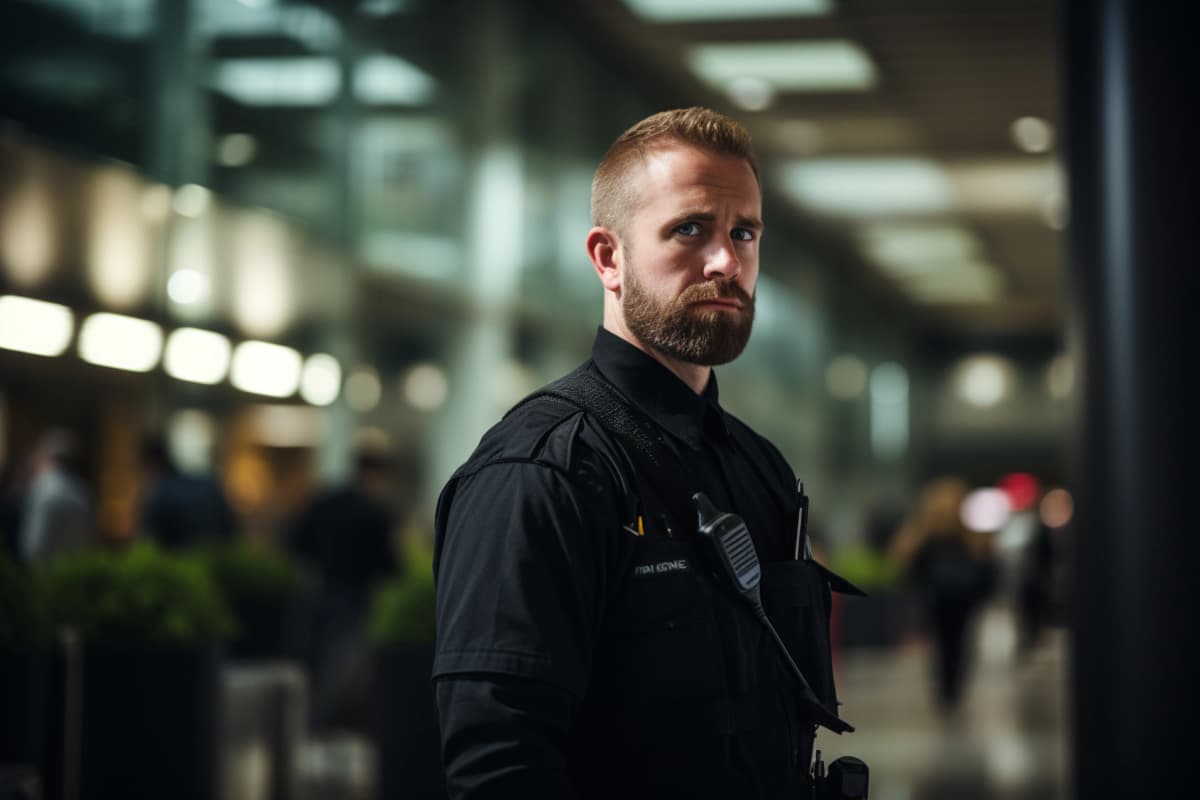 Bearded security officer in black uniform with radio on patrol inside a London commercial building
