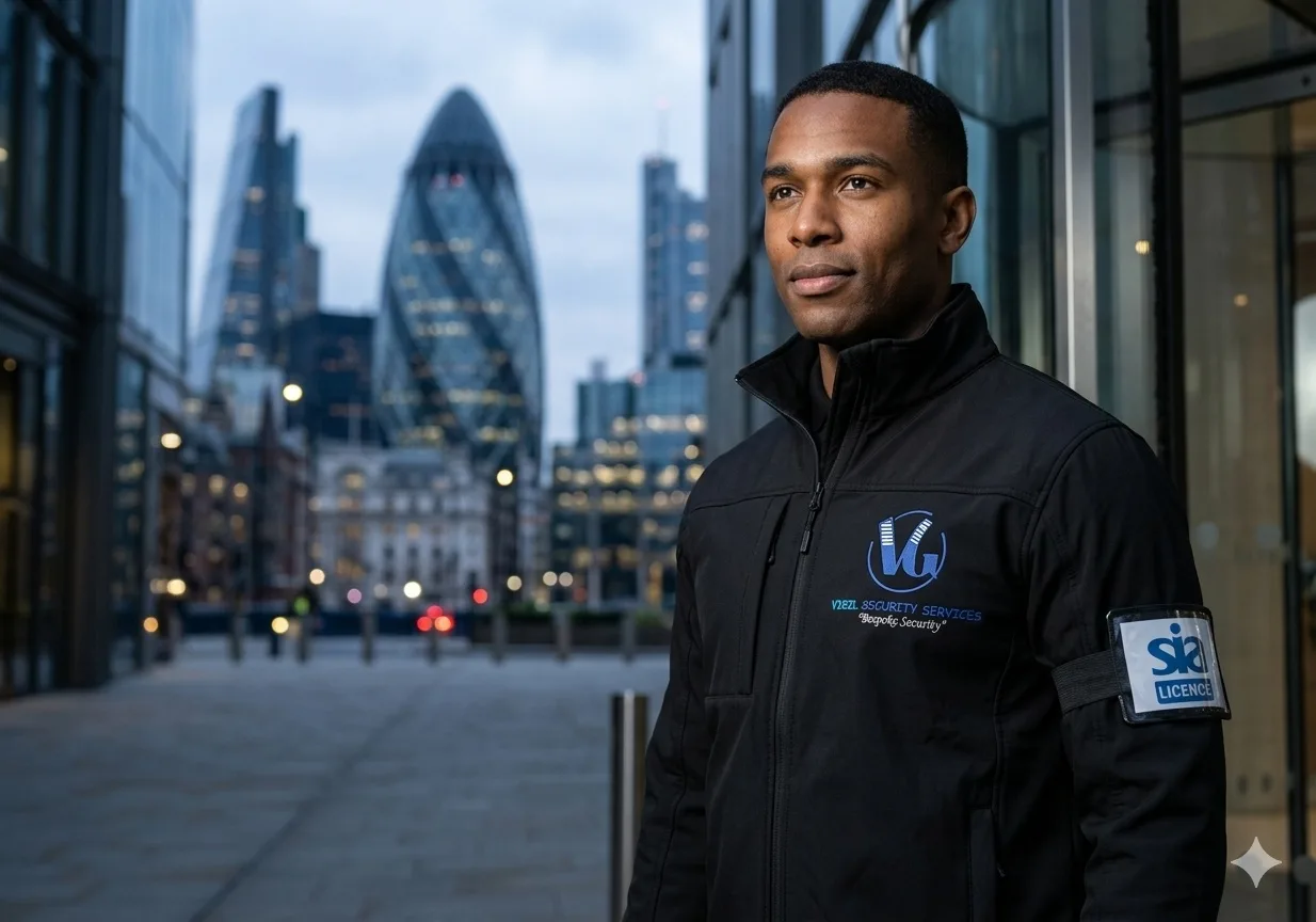 Uniformed Vigil Security Services officer with SIA licence on duty in the City of London near the Gherkin