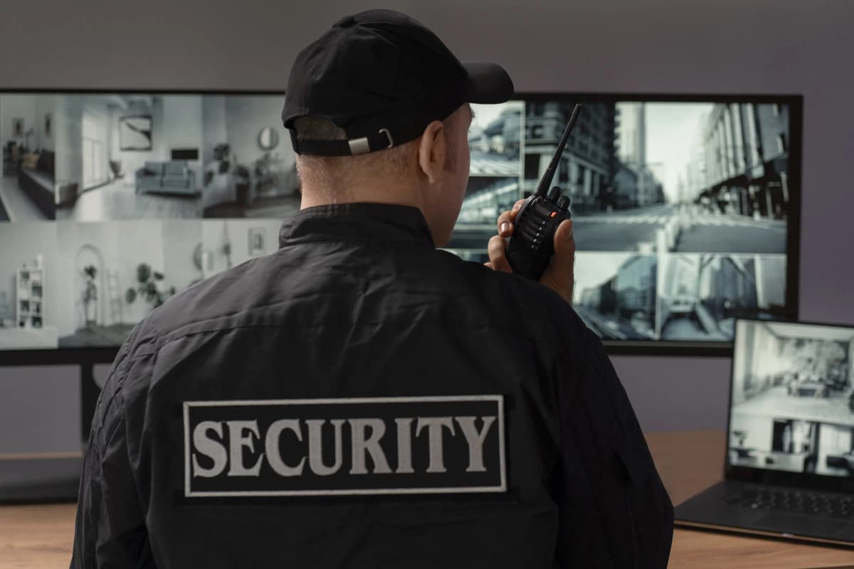 Security guard in branded uniform monitoring CCTV surveillance screens using a two-way radio in a London control room